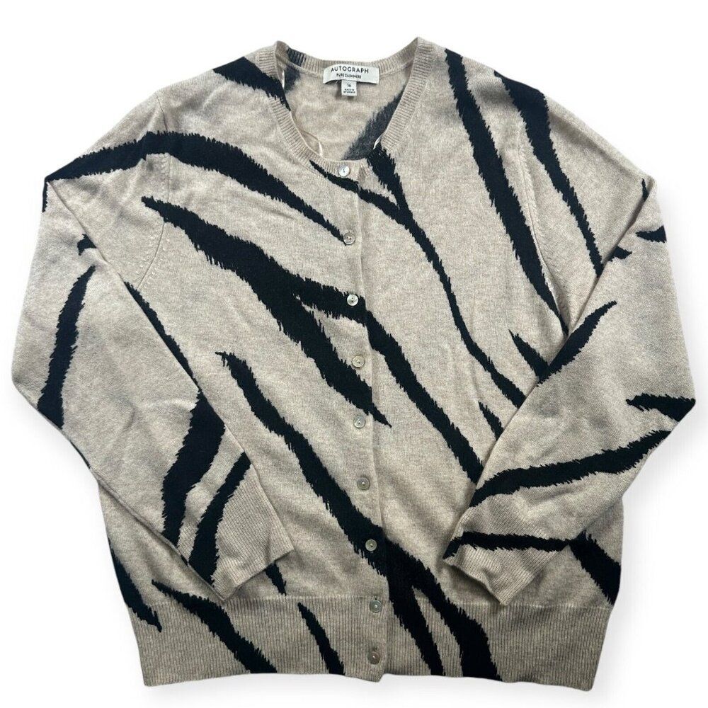 M&S Autograph Pure Cashmere Cardigan Sweater Animal Print Zebra Size US 12